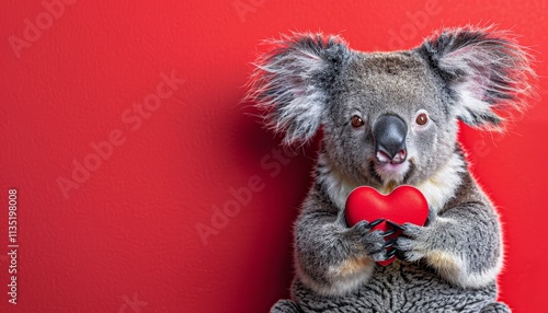 Adorable koala bear with heart on red background for valentine s day love and wedding celebrations photo