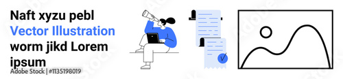 Character seated with laptop, viewing through monocular, nearby paperwork and abstract graph. Ideal for productivity apps, project management, business reports, technology, data analysis, remote