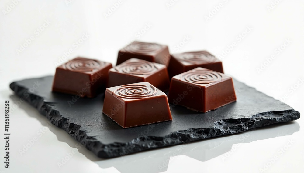 Elegant chocolate bonbons with swirled designs on a textured black slate plate Elegant chocolate bonbons with swirled designs on a textured black slate plate