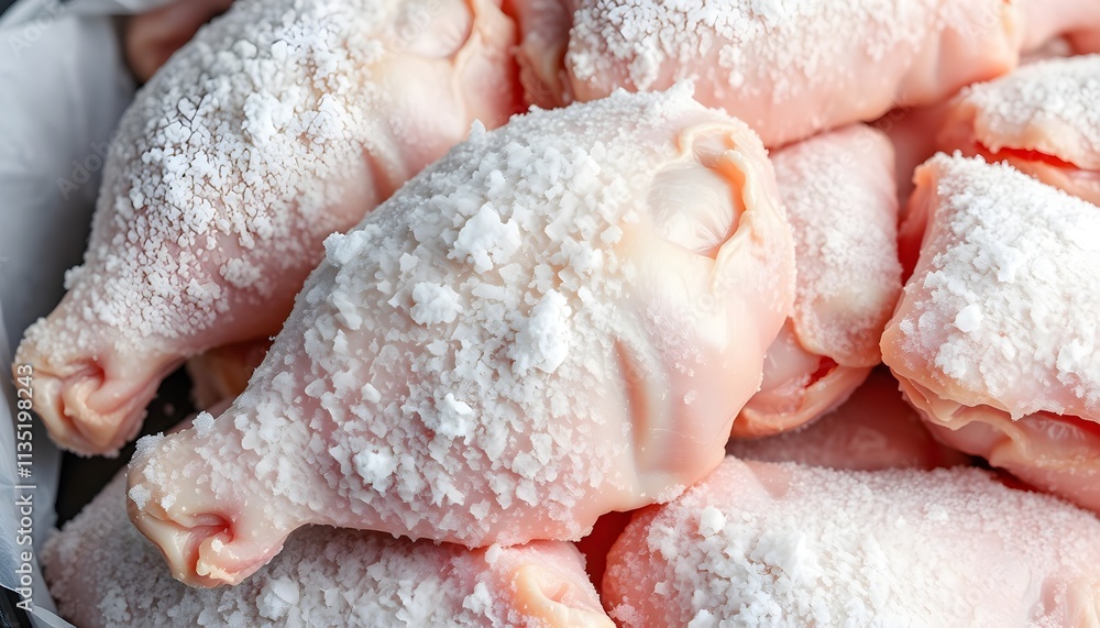 Frozen chicken legs coated in icy crystals ready for cooking. Frozen chicken legs coated in icy crystals ready for cooking.