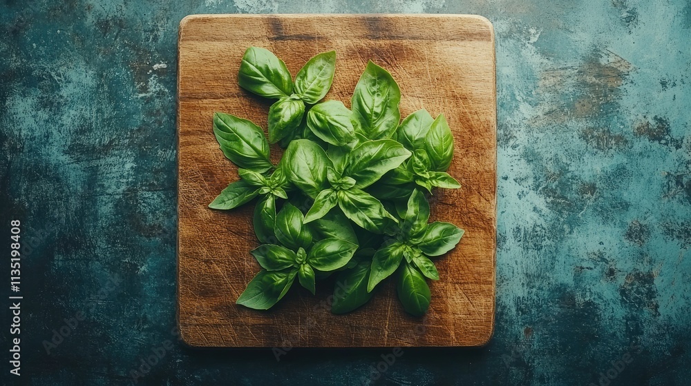 Fresh Basil on Rustic Wooden Board: A Culinary Delight Fresh Basil on Rustic Wooden Board: A Culinary Delight