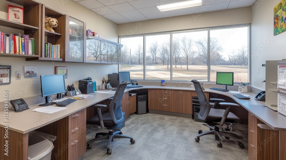Modern Office Workspace with Large Windows and Desks Modern Office Workspace with Large Windows and Desks