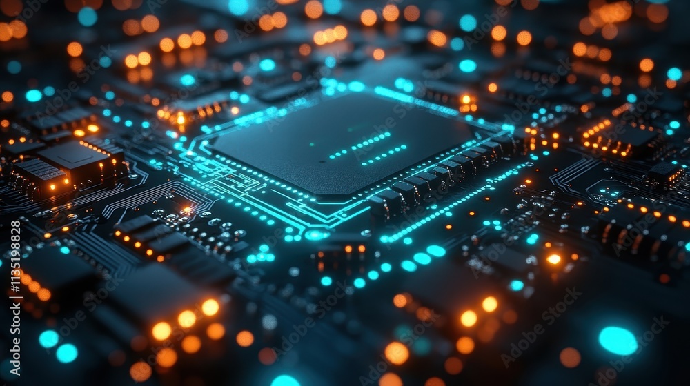 Abstract Close-up of a Modern Computer Circuit Board with Glowing Orange and Blue Lights. Abstract Close-up of a Modern Computer Circuit Board with Glowing Orange and Blue Lights.