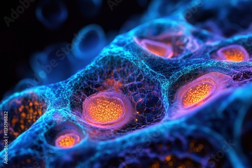 Microscopic organisms, abstract cellular structures, bioluminescent colors, high contrast, complex forms photo