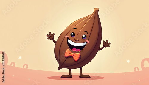 Cheerful cartoon cocoa bean character with a bowtie smiling and waving against a light background