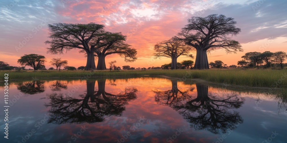 Naklejka premium A stunning scene of baobab trees silhouetted against a vibrant sunset. The sky is filled with beautiful colors reflecting in the calm water below. Perfect for nature enthusiasts and travel lovers. AI