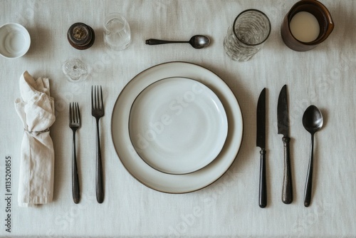 This table setting showcases a minimalistic and clean look with a white ceramic plate positioned centrally with forks and knives on either side. 