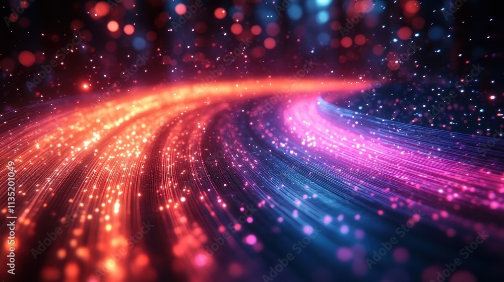 Obraz premium Abstract Swirling Light Trails Red, Pink, and Blue Neon Glowing Fiber Optics Background