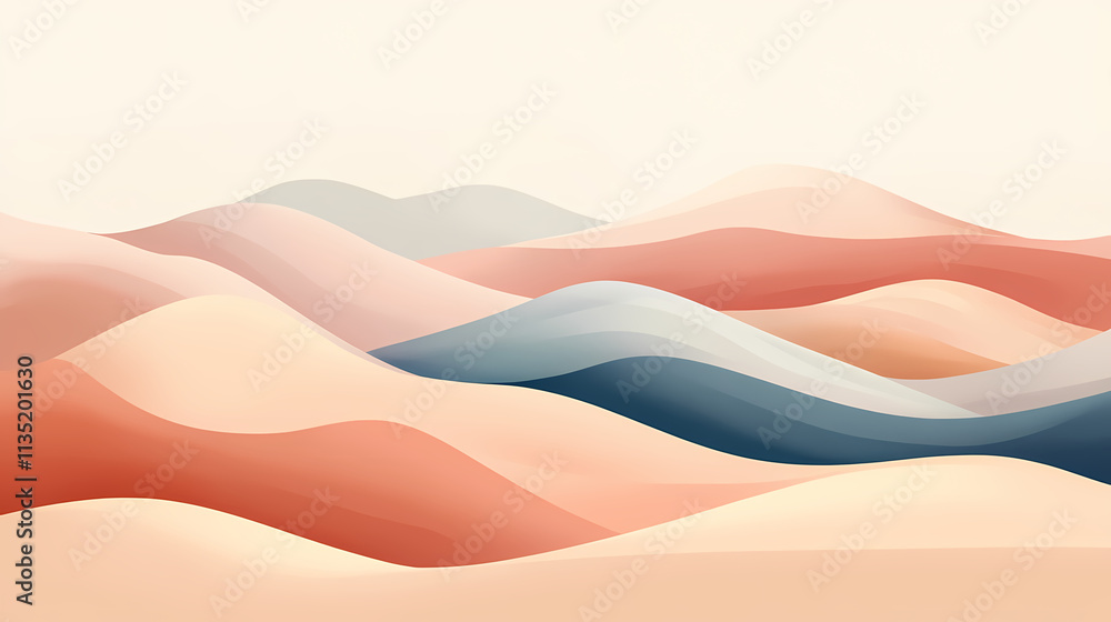 A minimalist depiction of sand dunes, with flowing lines and gentle curves, creating a serene and timeless landscape of soft, undulating forms. Timeless. Illustration A minimalist depiction of sand dunes, with flowing lines and gentle curves, creating a serene and timeless landscape of soft, undulating forms. Timeless. Illustration