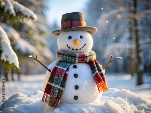 A snowman with a red hat and a scarf photo