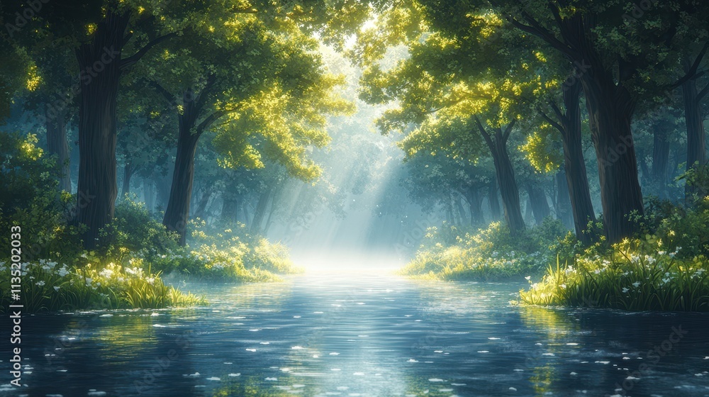 Serene Sunlit River Pathway Through Lush Green Forest Magical, Tranquil Nature Scene Serene Sunlit River Pathway Through Lush Green Forest Magical, Tranquil Nature Scene