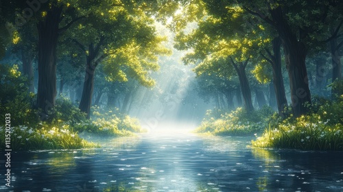 Serene Sunlit River Pathway Through Lush Green Forest Magical, Tranquil Nature Scene