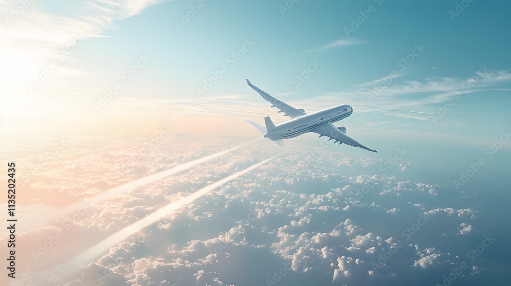 Airplane Soaring Above Fluffy Clouds In Sunlight Airplane Soaring Above Fluffy Clouds In Sunlight