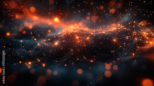 Abstract Digital Network Glowing Orange Connections in Dark Space with Bokeh Effect.