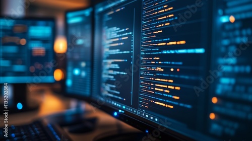 Wallpaper Mural A modern tech workspace featuring multiple monitors displaying lines of code for software development. The vibrant screen colors and depth of focus create a dynamic view, ideal for themes related to Torontodigital.ca