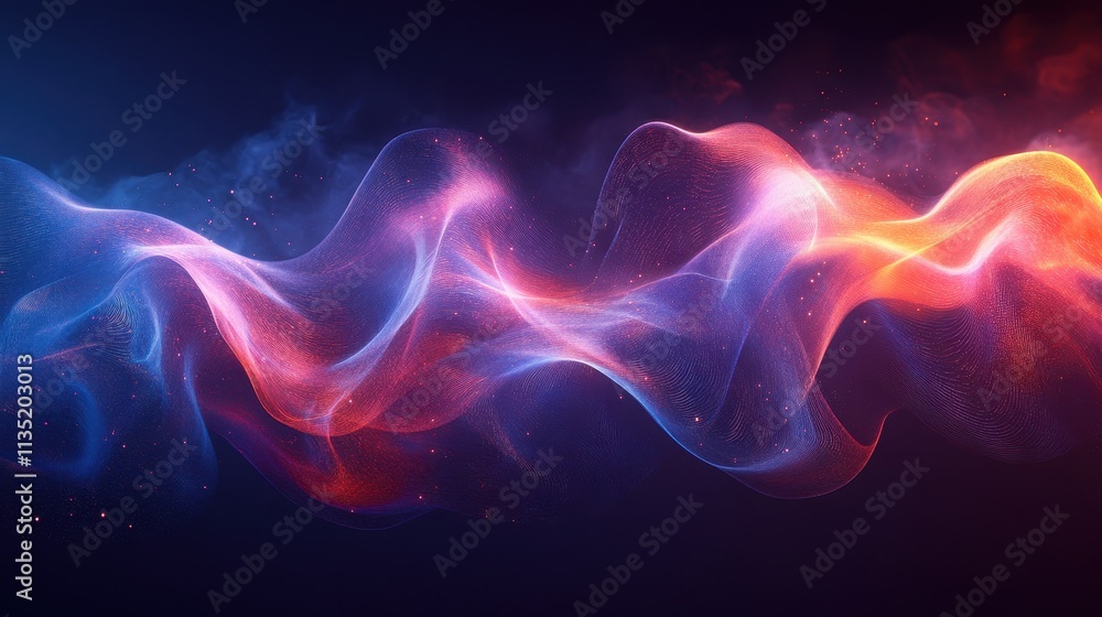 Dynamic Abstract Glowing Wave of Light Particles on Dark Background. Dynamic Abstract Glowing Wave of Light Particles on Dark Background.