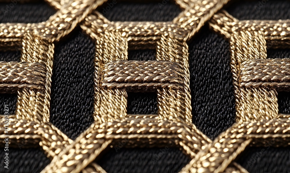 Fototapeta premium Golden woven pattern on dark fabric background.