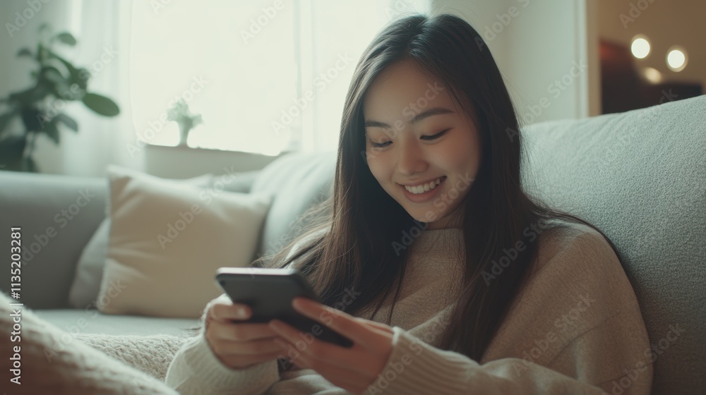 Young Asian woman smiling while using a smartphone at home, sitting on a sofa in the living room with copy space for text Young Asian woman smiling while using a smartphone at home, sitting on a sofa in the living room with copy space for text