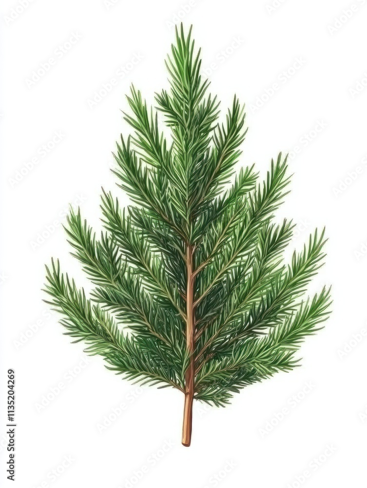 One whole aromatic fresh evergreen sprig of rosemary flatlay isolated on white background One whole aromatic fresh evergreen sprig of rosemary flatlay isolated on white background