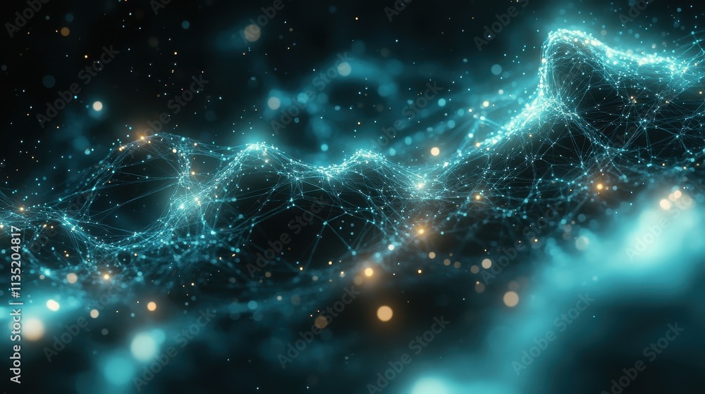 Abstract Digital Network with Glowing Nodes and Connection Lines in Dark Teal Space. Abstract Digital Network with Glowing Nodes and Connection Lines in Dark Teal Space.
