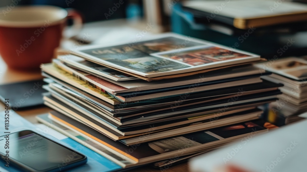 Stack of magazines and books on a desk, alongside a coffee mug and cell phone. Stack of magazines and books on a desk, alongside a coffee mug and cell phone.