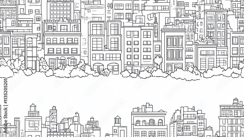 detailed cityscape illustration in bold line style, showcasing urban architecture and greenery detailed cityscape illustration in bold line style, showcasing urban architecture and greenery