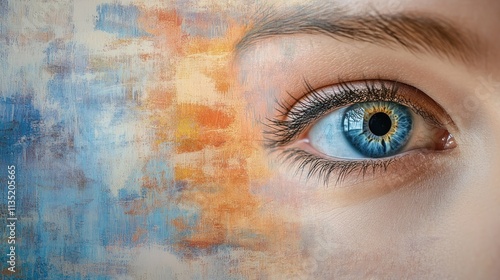 Close-up of a woman's eye with abstract painting on the face.