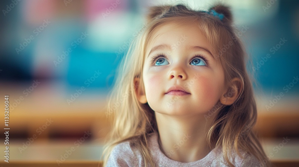 Cute Little Girl Looking Up at Desk, Capturing a Moment of Innocent Curiosity and Wonder for Family and Childhood-Themed Projects Cute Little Girl Looking Up at Desk, Capturing a Moment of Innocent Curiosity and Wonder for Family and Childhood-Themed Projects