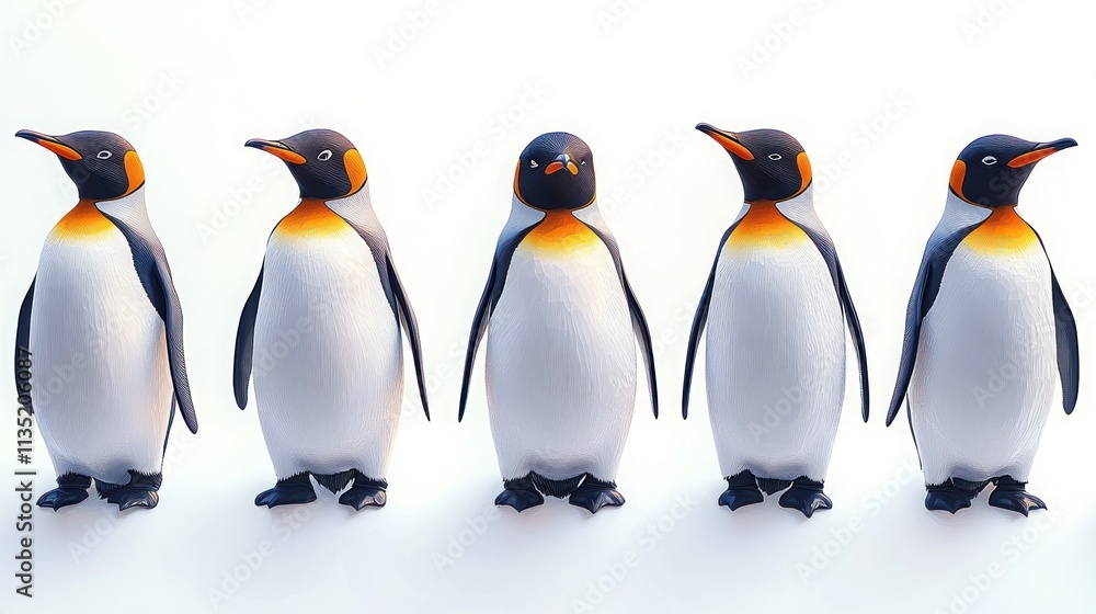 Fototapeta premium A group of stylized penguin figures standing in a row against a white background.