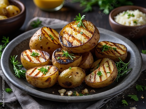 A plate of perfectly grilled potato halves garnished with fresh rosemary and parsley, served with garlic and cheese on a rustic table. 