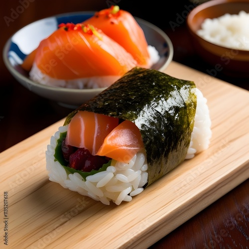 A lusciously crafted onigiri, wrapped in nori and filled with delectable ingredients such as salmon or umeboshi photo