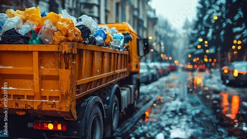 A yellow garbage truck loaded with waste bags, moving through a snowy urban setting with festive lights in the distance