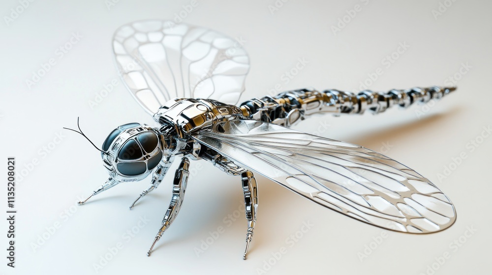 Futuristic metallic dragonfly with intricate mechanical design.