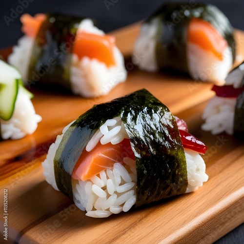 A lusciously crafted onigiri, wrapped in nori and filled with delectable ingredients such as salmon or umeboshi photo