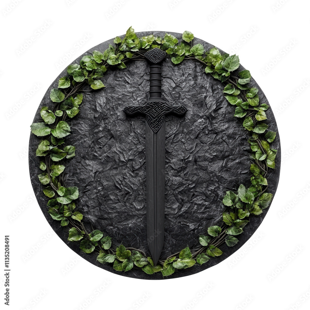 A sword is centered within a circular arrangement of green leaves, resting on a textured black surface isolated on white background A sword is centered within a circular arrangement of green leaves, resting on a textured black surface isolated on white background