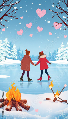 A couple celebrating Valentine's Day by a cozy campfire in a snowy forest, with heart decorations and a romantic winter vibe.