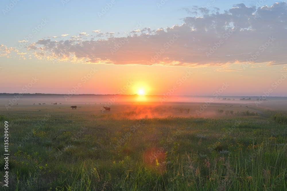 Tranquil summer morning cows grazing under a soft sunrise with gentle fog enhancing serenity Tranquil summer morning cows grazing under a soft sunrise with gentle fog enhancing serenity