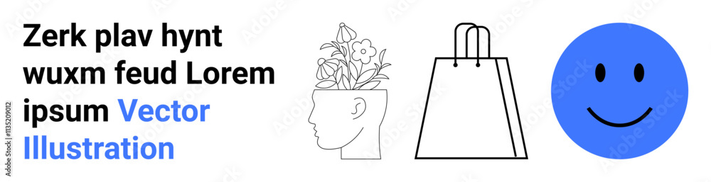 Text block, outline of a head with flowers, outlined shopping bag, and blue smiling face. Ideal for creativity, mental health, mindfulness, shopping e-commerce happiness positivity. Landing page Text block, outline of a head with flowers, outlined shopping bag, and blue smiling face. Ideal for creativity, mental health, mindfulness, shopping e-commerce happiness positivity. Landing page