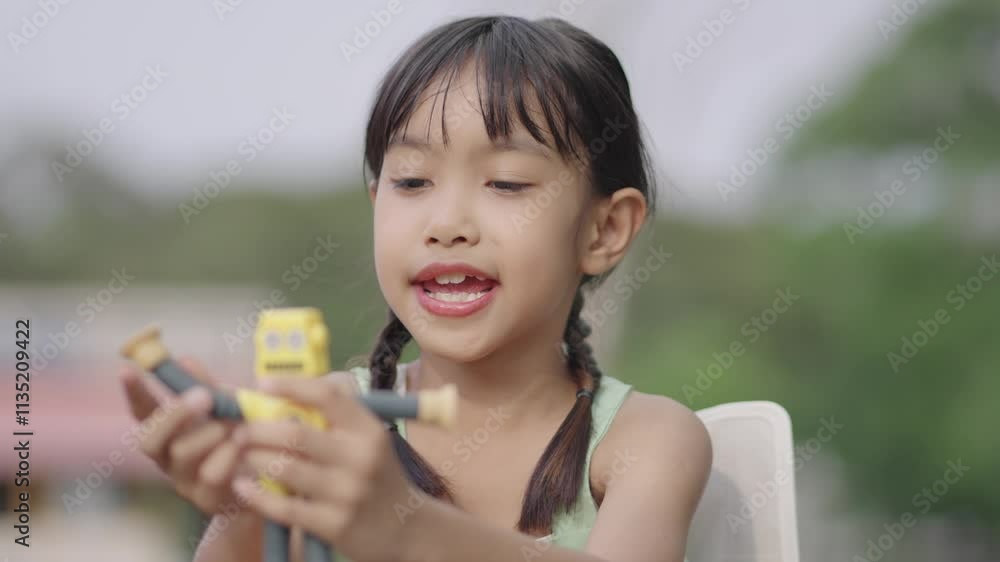 A girl is playing with a toy robot in the garden. A girl is playing with a toy robot in the garden.