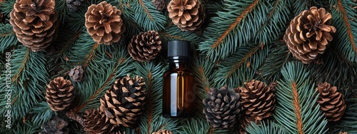 Pine essential oil in a bottle. Selective focus.