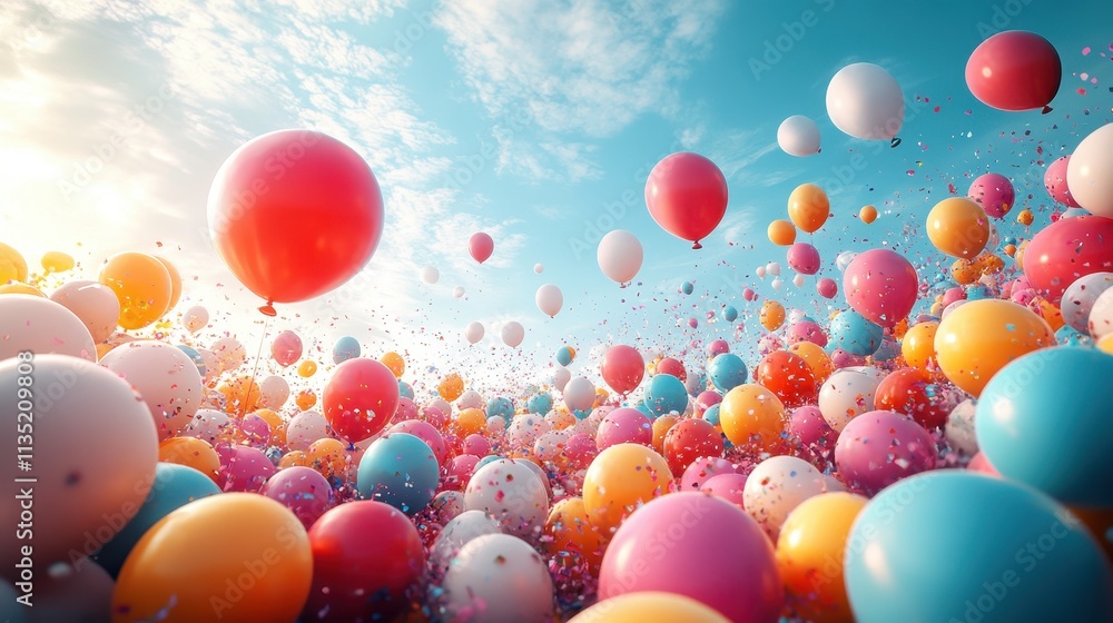 custom made wallpaper toronto digitalColorful Balloons Floating in Blue Sky with Confetti Burst, Festive Celebration Background.