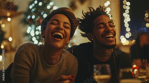 An LGBTQ couple shares a playful laugh during a festive party. The trendy room has sleek furnishings, holiday lights, and a cheerful vibe.