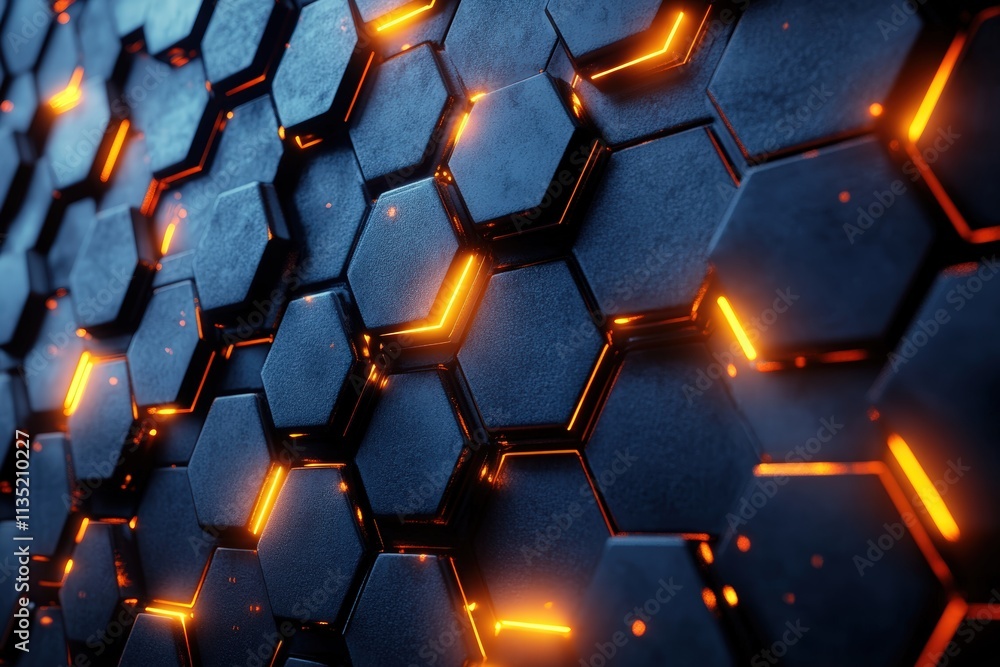 Sci-fi building facade, 3D render, hexagon block wall, metallic and glass materials, glowing lights, futuristic city