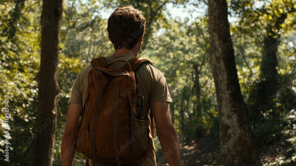 Man with backpack hiking on forest trail. Man with backpack hiking on forest trail.
