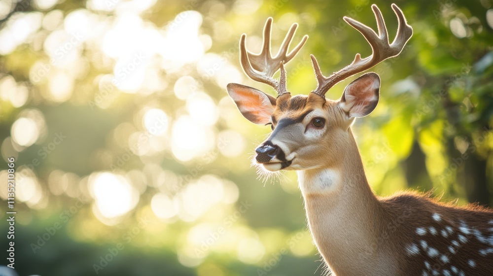 Whitetailed deer buck in forest clearing with antlers Whitetailed deer buck in forest clearing with antlers