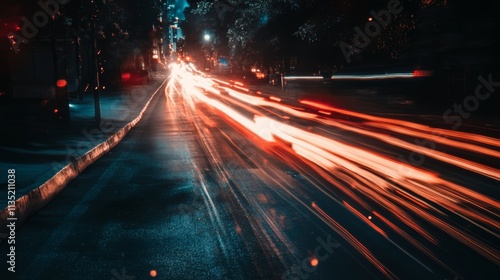 Vibrant long-exposure photograph capturing dynamic light trails on a quiet city street at night. The image evokes a sense of speed and energy, perfect for urban and transportation themes.. AI