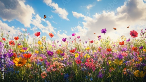 Colorful meadow flowers under a beautiful blue sky. Butterflies flit among vibrant blossoms.