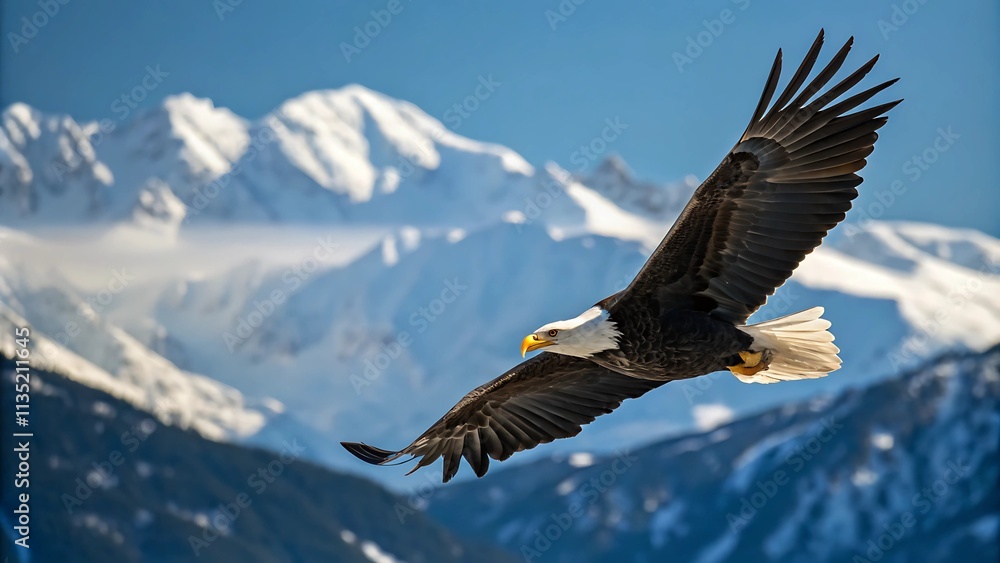 Bald Eagle in Flight Over Mountains Bald Eagle in Flight Over Mountains