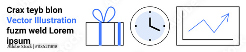 Gift box with blue bow, clock showing time, upward trending graph line. Ideal for productivity, time management, success, business growth, rewards efficiency achievement. Landing page