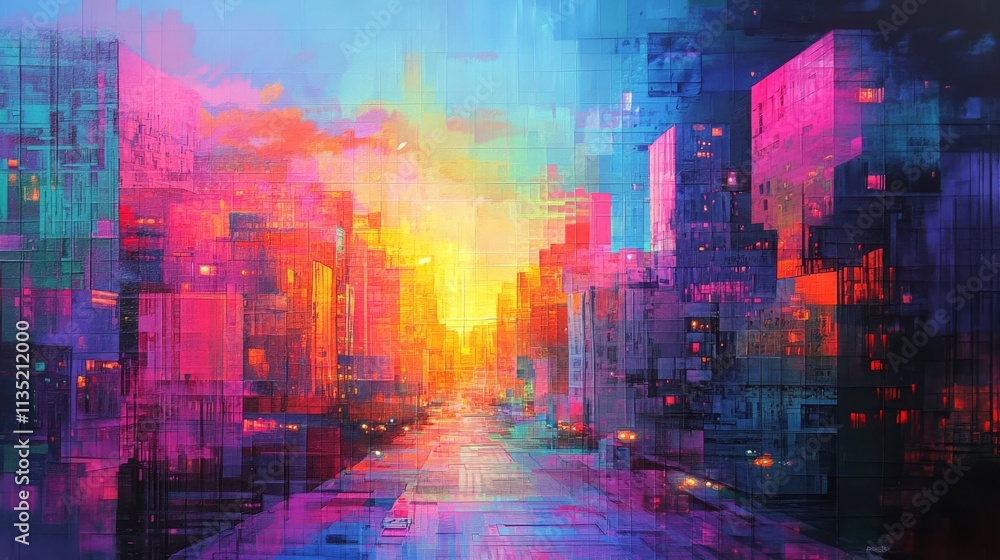 Digital rendering of a city skyline bathed in vibrant pink, purple, and blue hues of a dramatic sunset, emphasizing a modern, artistic urban environment with an energetic atmosphere.. AI Generation
